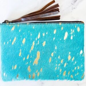 Turquoise Hair-On-Hide Leather Clutch | Gold Speckled Tassel Pouch
